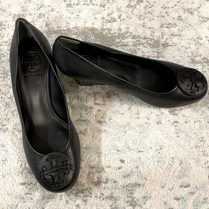 Brand New Tory Burch Black Leather Wedge Pumps
